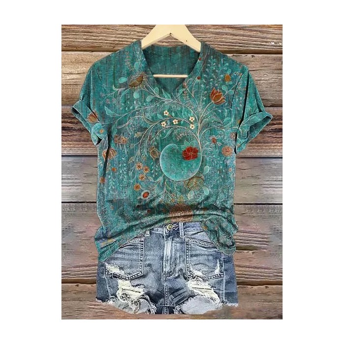 Women Floral Short Sleeve Tee T-shirt V Neck Printing Casual Summer Graphic Tee Top