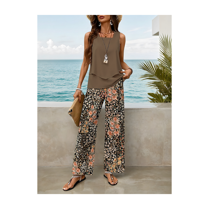 Women Floral Printing Two-Piece Set Daily Sleeveless Casual Summer Top With Pants Matching Set