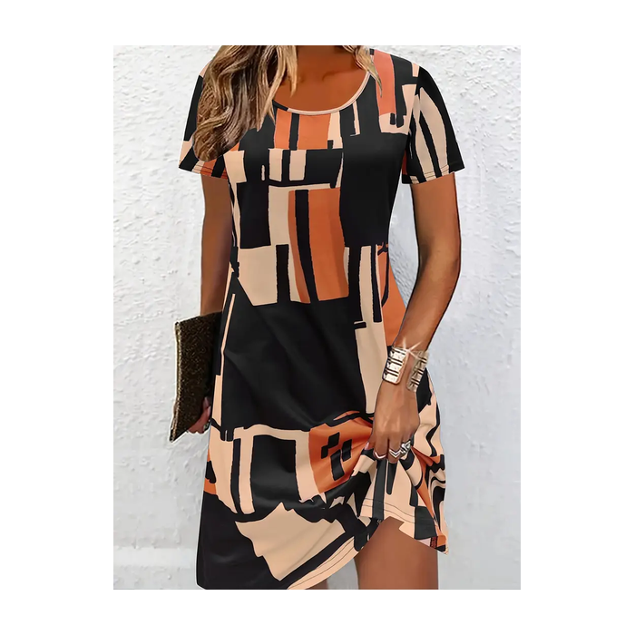 Women Geometric Short Sleeve Summer Printing Dress Crew Neck Daily Casual Mini Tunic H-Line Dress