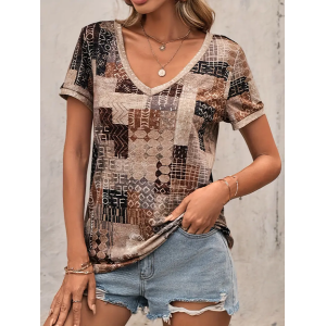 Women Geometric Short Sleeve Tee T-shirt V Neck Printing Casual Summer Graphic Tee Top