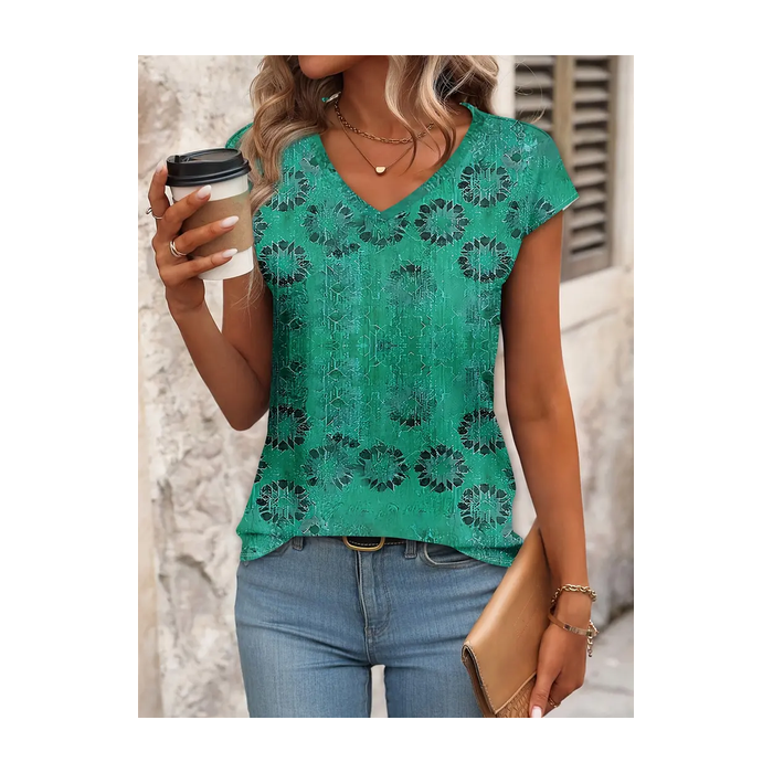 Women Floral Short Sleeve Tee T-shirt V Neck Printing Casual Summer Graphic Tee Top