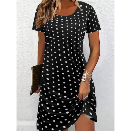 Women Polka Dots Short Sleeve Summer Printing Dress Crew Neck Daily Casual Mini Tunic H-Line Dress