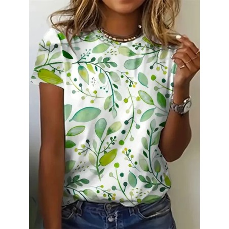 Women Floral Short Sleeve Tee T-shirt Crew Neck Printing Casual Summer Graphic Tee Top
