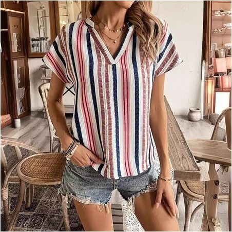 Women Striped Short Sleeve Tee T-shirt V Neck Printing Casual Summer Top