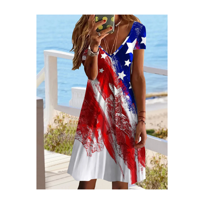Women America Flag Short Sleeve Summer Printing Dress V Neck Daily Casual Midi Fit & Flare Dress A-Line Dress