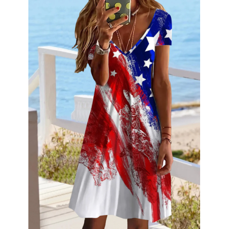 Women America Flag Short Sleeve Summer Printing Dress V Neck Daily Casual Midi Fit & Flare Dress A-Line Dress