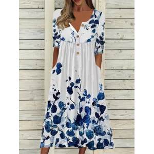 Women Floral Half Sleeve Summer Printing Dress Half Open Collar Daily Casual Maxi A-Line Dress