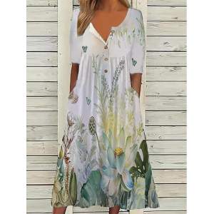 Women Floral Half Sleeve Summer Printing Dress Half Open Collar Daily Casual Maxi A-Line Dress