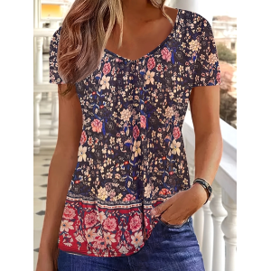 Women Floral Short Sleeve Tee T-shirt V Neck Printing Casual Summer Graphic Tee Top