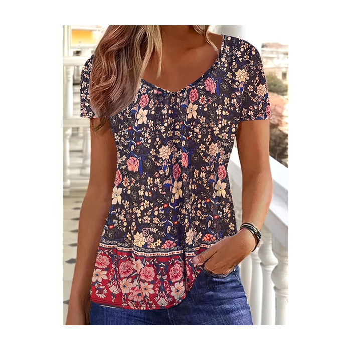 Women Floral Short Sleeve Tee T-shirt V Neck Printing Casual Summer Graphic Tee Top