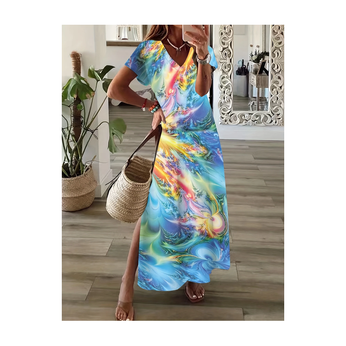 Women Abstract Short Sleeve Summer Printing Dress V Neck Daily Casual Maxi X-Line Dress
