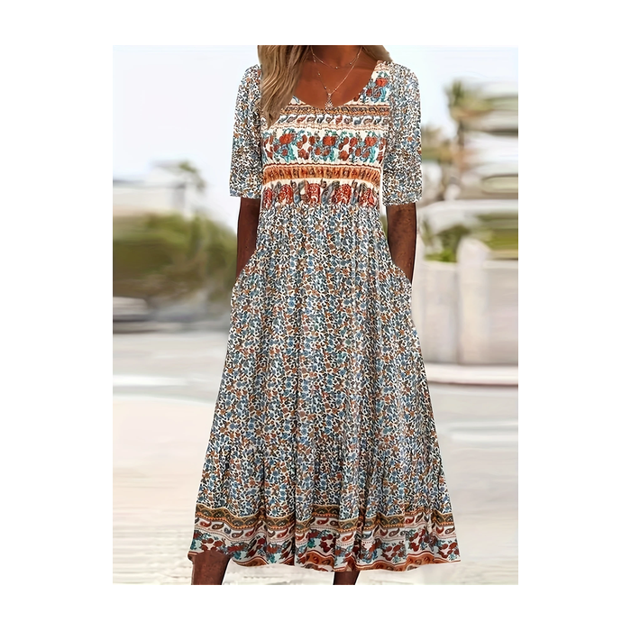 Women Floral Short Sleeve Summer Printing Dress Crew Neck Daily Casual Maxi Shift Dress H-Line Dress