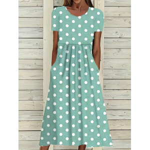 Women Polka Dots Short Sleeve Summer Printing Dress Crew Neck Daily Casual Maxi Shift Dress H-Line Dress