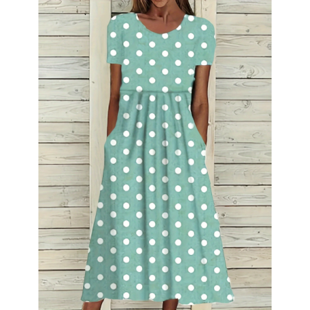 Women Polka Dots Short Sleeve Summer Printing Dress Crew Neck Daily Casual Maxi Shift Dress H-Line Dress