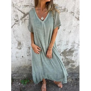 Women Plain Short Sleeve Summer Split Joint Dress V Neck Daily Vintage Maxi Tank A-Line Dress