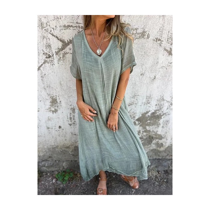 Women Plain Short Sleeve Summer Split Joint Dress V Neck Daily Vintage Maxi Tank A-Line Dress
