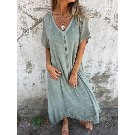 Women Plain Short Sleeve Summer Split Joint Dress V Neck Daily Vintage Maxi Tank A-Line Dress