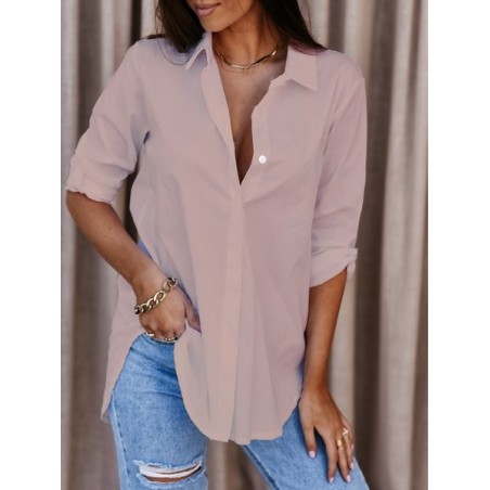 Women Plain Long Sleeve Shirt Spring/Fall Buckle Shirt Collar Daily Casual Top