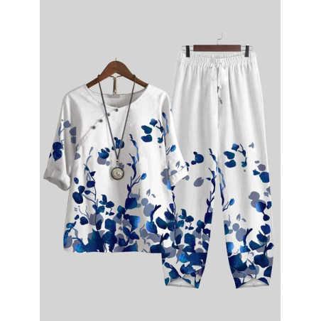 Women Floral Printing Two-Piece Set Daily Half Sleeve Casual Summer Top With Pants Matching Set