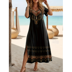 Women Floral Short Sleeve Summer Printing Dress Crew Neck Daily Casual Maxi Fit & Flare Dress A-Line Dress