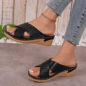 Hollow Cross Strap Thick-soled Sandals For Women Cross-border Velcro Solid Color Lightweight Wedge Heel Beach Sandals