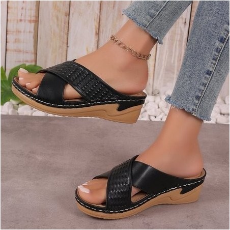 Hollow Cross Strap Thick-soled Sandals For Women Cross-border Velcro Solid Color Lightweight Wedge Heel Beach Sandals
