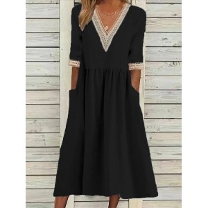 Women Plain Half Sleeve Summer Split Joint Dress V Neck Daily Casual Maxi Fit & Flare Dress A-Line Dress