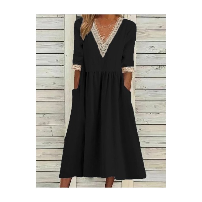 Women Plain Half Sleeve Summer Split Joint Dress V Neck Daily Casual Maxi Fit & Flare Dress A-Line Dress