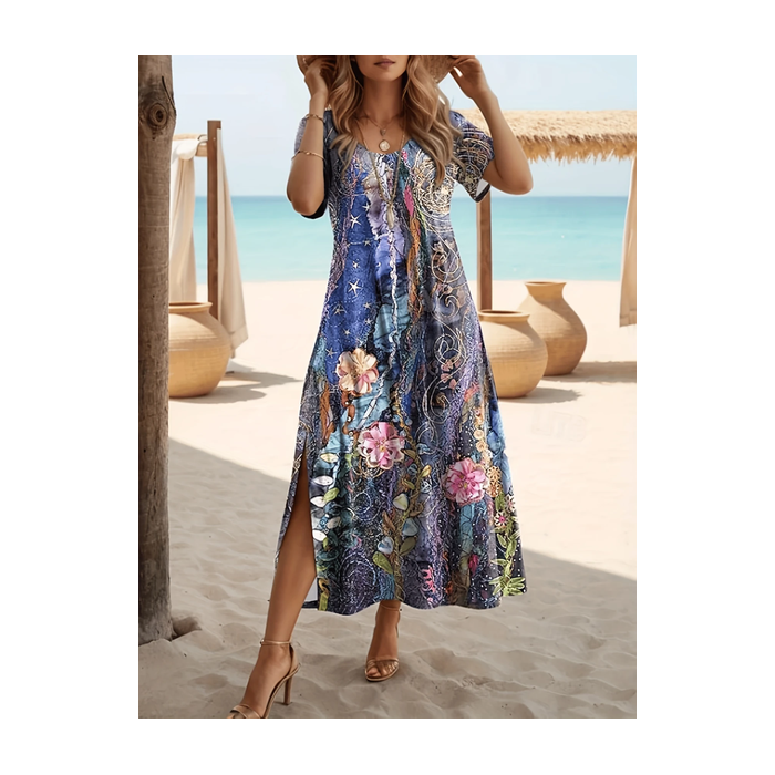 Women Floral Short Sleeve Summer Printing Dress Crew Neck Daily Casual Maxi Fit & Flare Dress A-Line Dress