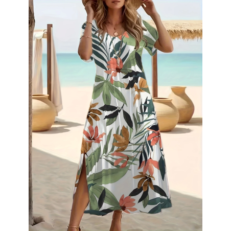 Women Floral Short Sleeve Summer Printing Dress Crew Neck Daily Casual Maxi Fit & Flare Dress A-Line Dress