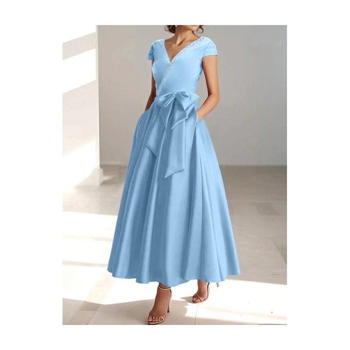 Women's Summer V Neck Light Blue Long Wedding Guest Formal Dress With Bow