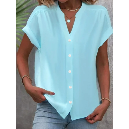 Women's Plain Short Sleeve Shirt Summer Buckle V Neck Daily Casual Top