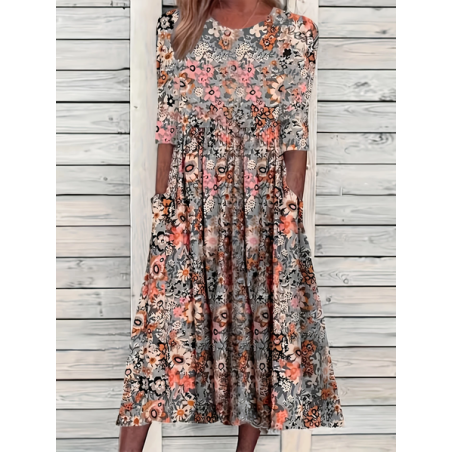 Women Floral Short Sleeve Summer Printing Dress Crew Neck Daily Casual Maxi Shift Dress H-Line Dress
