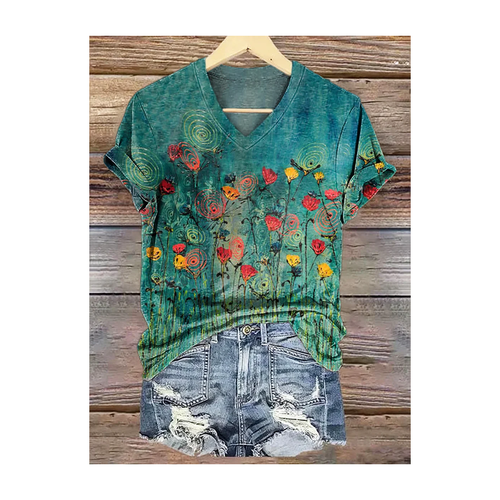 Women Floral Short Sleeve Tee T-shirt V Neck Printing Casual Summer Graphic Tee Top
