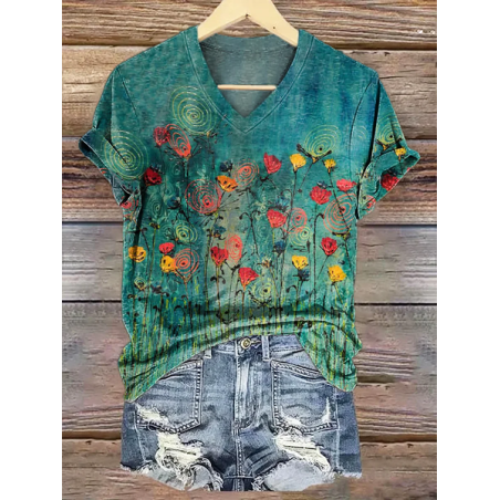 Women Floral Short Sleeve Tee T-shirt V Neck Printing Casual Summer Graphic Tee Top