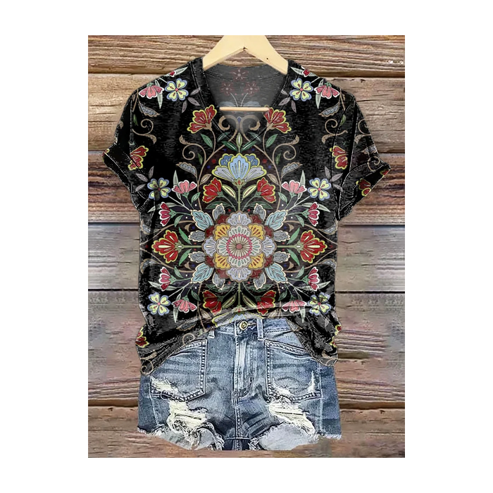 Women Floral Short Sleeve Tee T-shirt V Neck Casual Summer Graphic Tee Top
