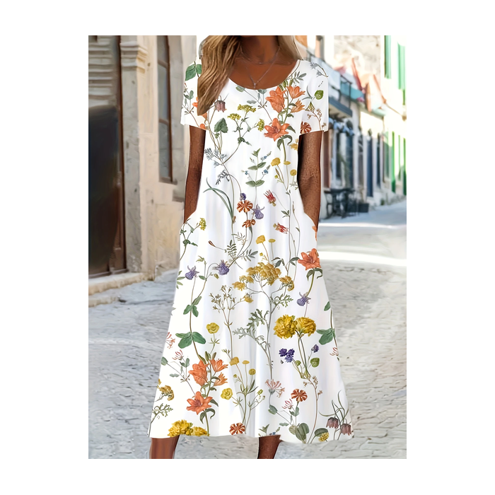 Women Floral Short Sleeve Summer Printing Dress Crew Neck Daily Casual Maxi Shift Dress H-Line Dress
