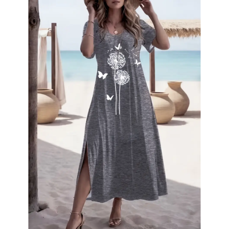 Women Floral Short Sleeve Summer Printing Dress Crew Neck Daily Casual Maxi Fit & Flare Dress A-Line Dress