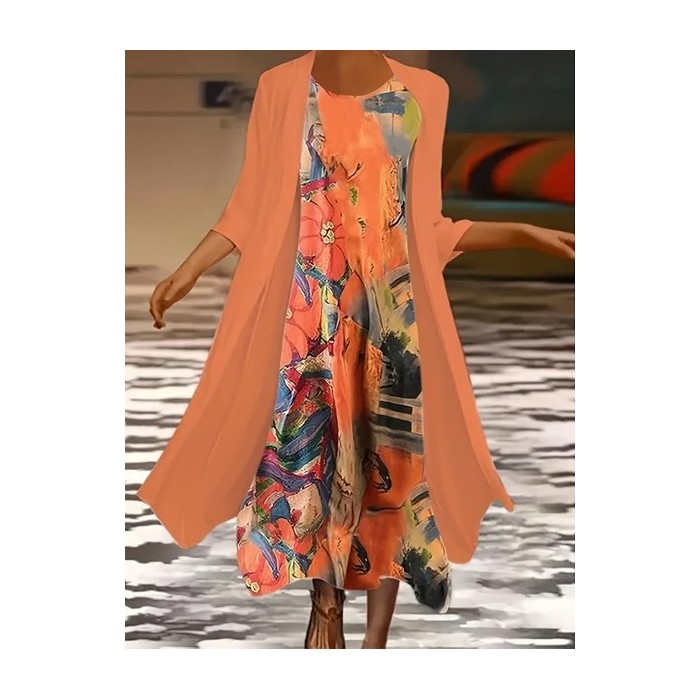 Women Abstract Printing Two-Piece Set Daily Three Quarter Sleeve Casual Spring/Fall Dress With Coat Matching Set