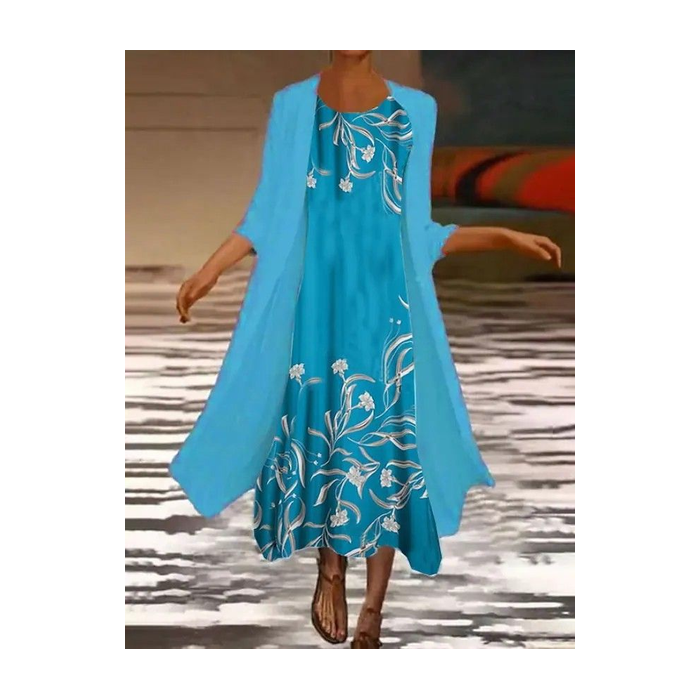 Women Floral Printing Two-Piece Set Daily Three Quarter Sleeve Casual Spring/Fall Dress With Coat Matching Set