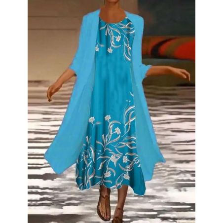 Women Floral Printing Two-Piece Set Daily Three Quarter Sleeve Casual Spring/Fall Dress With Coat Matching Set