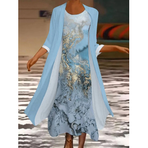 Women Abstract Printing Two-Piece Set Daily Three Quarter Sleeve Casual Spring/Fall Dress With Coat Matching Set