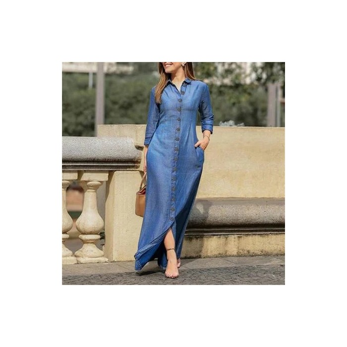 Women Plain Long Sleeve Spring/Fall Dress Stand Collar Daily Casual Maxi Shirt Dress H-Line Dress