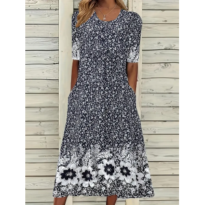 Women Floral Short Sleeve Summer Printing Dress Crew Neck Daily Casual Maxi Shift Dress H-Line Dress