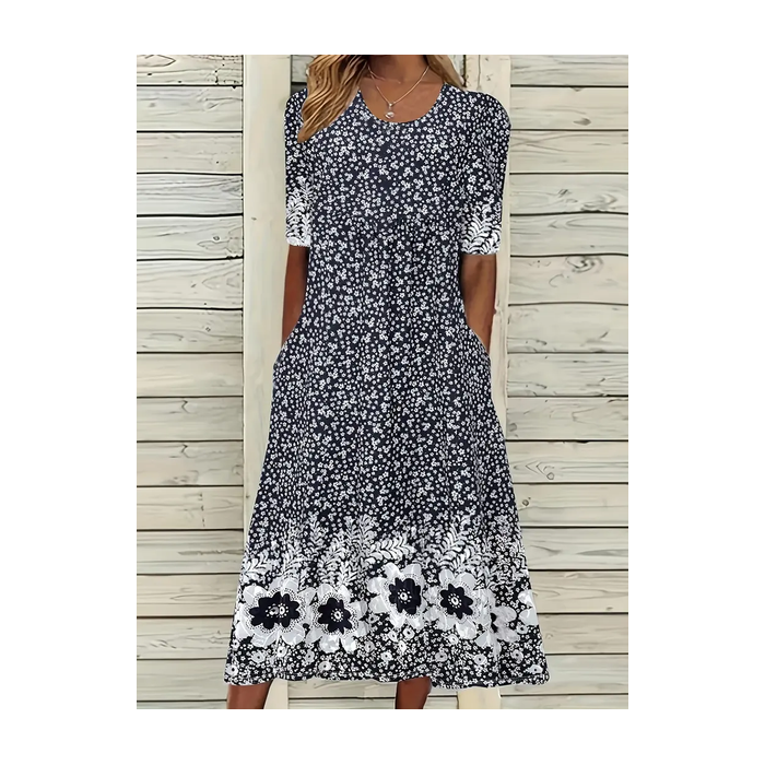 Women Floral Short Sleeve Summer Printing Dress Crew Neck Daily Casual Maxi Shift Dress H-Line Dress
