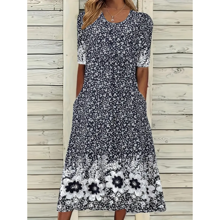 Women Floral Short Sleeve Summer Printing Dress Crew Neck Daily Casual Maxi Shift Dress H-Line Dress