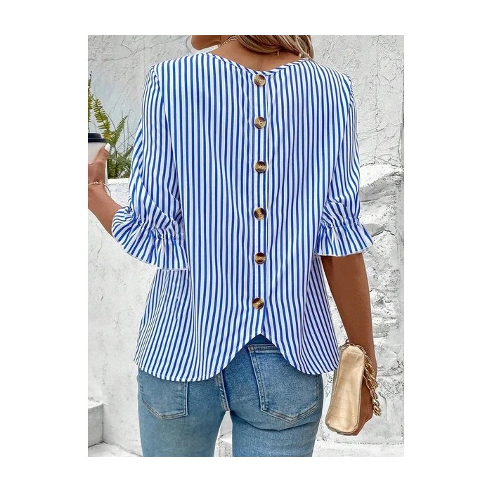 Striped Crew Neck Simple Loose Shirt