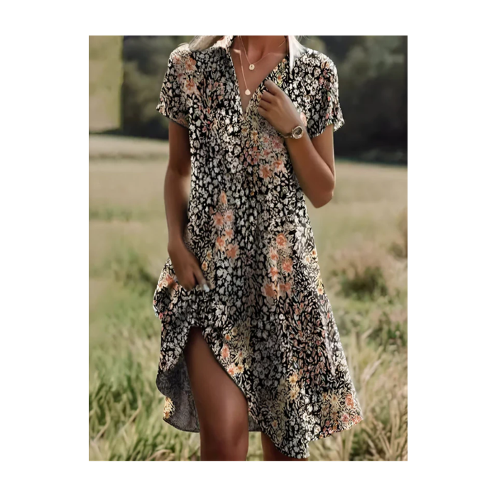 Women Floral Short Sleeve Summer Printing Dress Shawl Collar Daily Casual Knee Length A-Line Dress