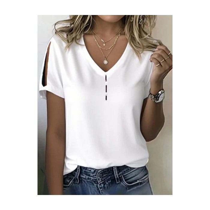 Women Plain Short Sleeve Tee T-shirt V Neck Printing Casual Summer Top