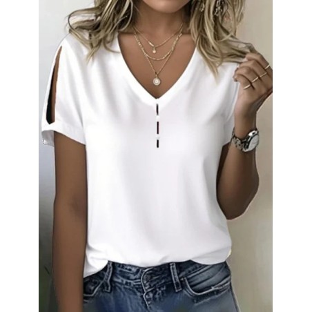 Women Plain Short Sleeve Tee T-shirt V Neck Printing Casual Summer Top